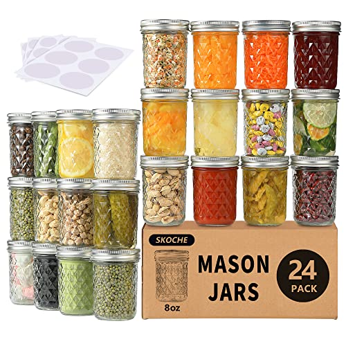 SKOCHE Mason Jars 8 oz, 24 Pack Canning Jars with Airtight Lids and Bands for Fermenting, Pickling, DIY Decors, Fruit Preserves, Jam or Jelly, 8oz Mason Jar with 24 Labels