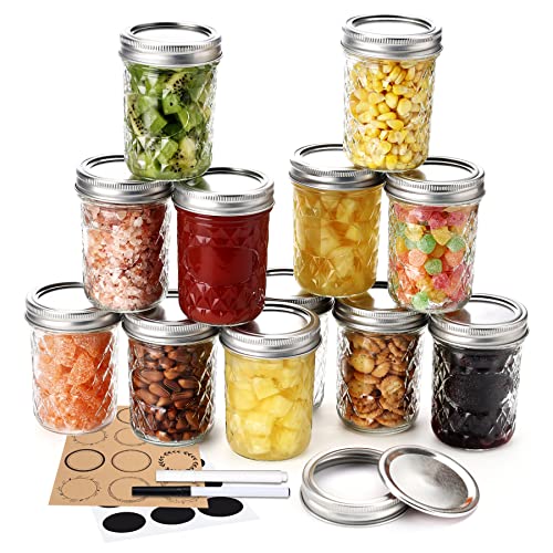 12 Pack Mason Jars 8 oz with Airtight Lids, Glass Regular Mouth Canning Jars, Small Quilted Crystal Jars for Jelly, Jam, Overnight Oats, Meal Prep