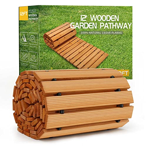 RELIANCER Wooden Garden Pathway,Outdoor Roll Out Cedar Straight Walkway,Patio Path Decorative Garden Boardwalk Walkways,Weather-Resistant Roll Up Beach Wood Road Floor,Wedding Party Pathways (12')