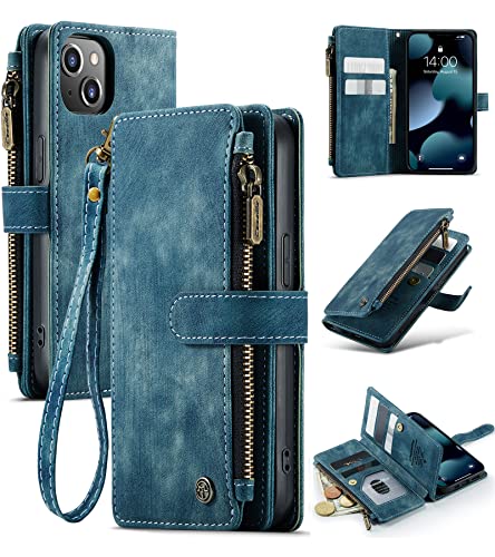 CaseMe iPhone 13 Case with Card Holder, Suede Retro iPhone 13 Wallet Case for Women Men, iPhone 13 Case with 7 Drivers License Card Slots Magnetic Closure Change Coin Zipper Pocket Kickstand - Blue