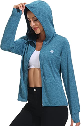 MoFiz Women's Full Zip Active Jacket Lightweight Sports Jacket Quick Dry Athletic Jacket Long Sleeve Hiking Shirt UPF 50+ Sun Protection Hoodie Shirt M Sea Blue