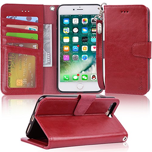Arae Case for iPhone 7 Plus/iPhone 8 Plus, Premium PU Leather Wallet Case with Kickstand and Flip Cover for iPhone 7 Plus (2016) / iPhone 8 Plus (2017) 5.5 inch - Wine red