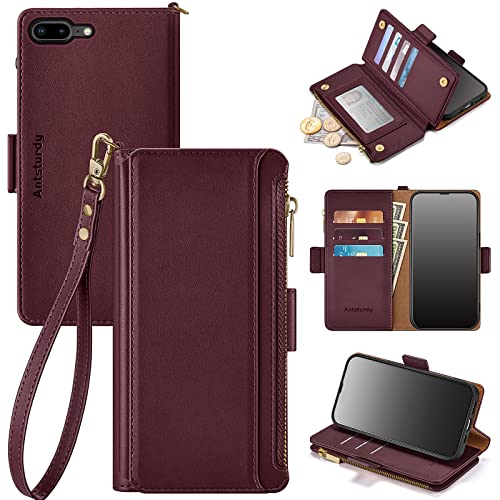 Antsturdy for iPhone 7 Plus /8 Plus 5.5" Wallet case RFID BlockingZipper Poket7 Card Slot PU Leather Magnetic Flip Folio Book Protective Cover Credit Card Holder Kickstand Men Women,Wine Red