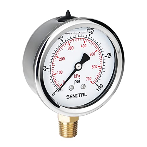 SENCTRL 100 Psi Lead-Free Glycerin Liquid Filled Low Pressure Gauge, 2.5" Dial Size, 1/4" NPT Lower Mount, Stainless Steel Case, for Home Potable Water Pump, Air, Well, RV Hose, Pressure Test