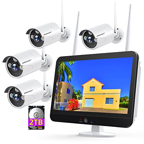 3MP Wireless Security Camera System with 12 Monitor 2TB Hard Drive, SMONET 8CH WiFi Home Surveillance NVR Kits,4Pcs 3MP Outdoor Indoor CCTV IP Cameras,Clearer Than 1080P,Night Vision,Free App P2P