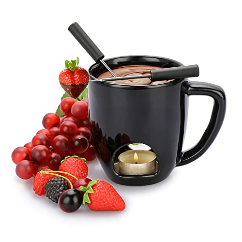 BSTKEY 230ML Personal Chocolate Fondue Mug Set, Ceramic Butter Warmer Set, Mini Melt Hot Pot Cup Set for Cheese Chocolate Butter Caramel, with 2 Forks (Black)