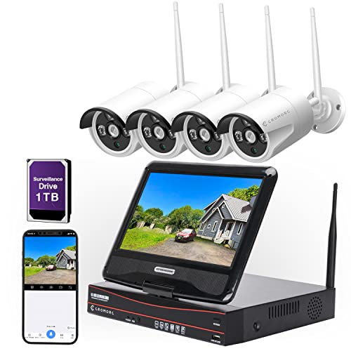 8CH Expandable All in one Wireless Security Camera System with 10.1" Monitor 4pcs 3MP Indoor Outdoor Camera One-Way Audio Night Vision Motion Detection Cromorc Home Business CCTV Surveillance 1TB HDD