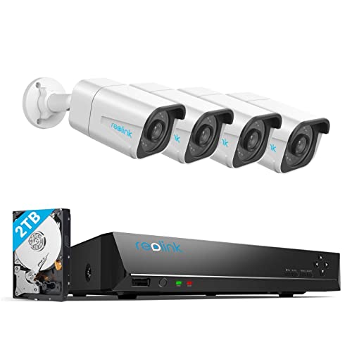 REOLINK 4K Security Camera System, 4pcs H.265 4K PoE Security Cameras Wired with Person Vehicle Detection, 8MP/4K 8CH NVR with 2TB HDD for 24-7 Recording, RLK8-800B4