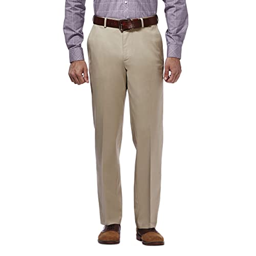 Haggar mens Premium No Iron Khaki Classic Fit Expandable Waist Flat Front Casual Pants, Khaki, 38W x 30L US