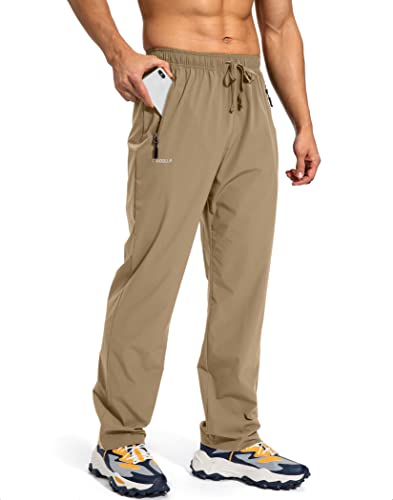 Pudolla Men's Workout Athletic Pants Elastic Waist Jogging Running Pants for Men with Zipper Pockets (Dark Khaki Large)