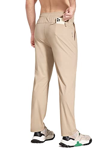 BALEAF Men's Running Pants Elastic Waist Lightweight Jogging Stretch Golf Workout Pants with Zipper Pockets Khaki M
