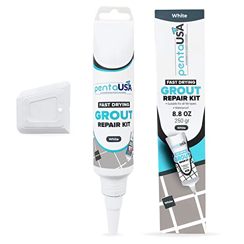 PentaUSA Tile Grout - White Grout Filler Repairs Renews Fills Tube, 3 Triple Protection, Fast Drying Grout Repair Kit, Heavy-Duty Grout Cleaner - Restore and Renew Grout Line 8.8 oz (White)