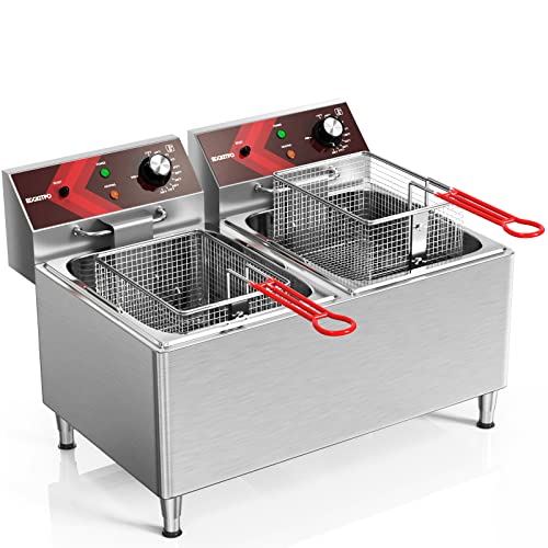 EGGKITPO Deep fryers Commercial Deep Fryer 12L x 2 Large Dual Tank Electric Deep Fryers with Basket Electric Countertop Fryer for Restaurant with 2 Frying Baskets and Lids, 1800W x 2, 120V