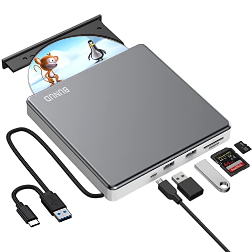External CD DVD Drive USB 3.0 Type C DVD/CD ROM Burner CD DVD +/-RW Optical Disk Drive Player Reader with 2 USB and TF/SD Slots Slim Portable Writer for Laptop Mac MacBook Windows 11 10 PC Linux OS