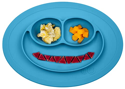 ezpz Mini Mat (Blue) - 100% Silicone Suction Plate with Built-in Placemat for Infants + Toddlers - First Foods + Self-Feeding - Comes with a Reusable Travel Bag