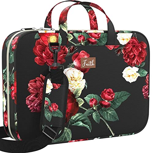 Bible Covers for Women Large Medium Size - XXL Floral Bible Case Bag Fits Books Up to 11 x 9.7 x 1.9 Inches - | Zippered Pocket | Pen Slots | Shoulder Strap | - Black Christian Gift for Girl