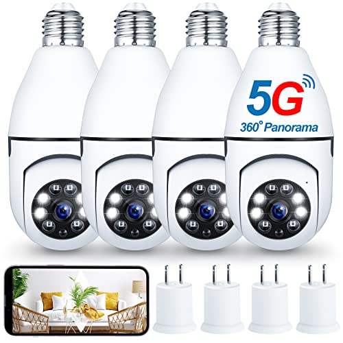 Landhoow 1080P Bulb Camera Compatible with WiFi 5G & 2.4GHz Wireless Camera Socket 360 Degree Panoramic Night Vision Lightbulb Camera Audio Motion Indoor Outdoor (4 Pcs)