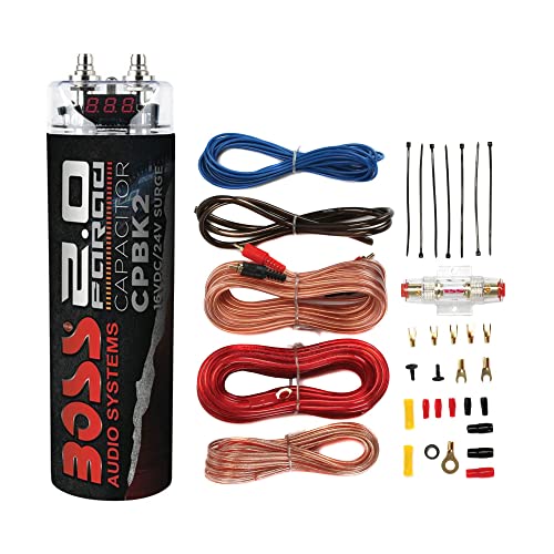 Boss Audio CPBK2 2 Farad 20-Volt LED Digital Voltage Car Audio Power Capacitor & Soundstorm AKS8 8 Gauge Car Amplifier Amp Complete Wiring Kit