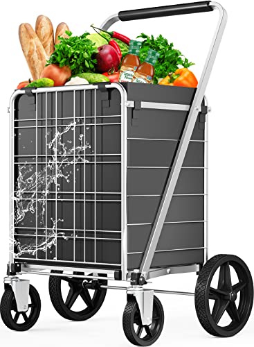[2023 New] Folding Shopping Cart for Groceries, Large Grocery Cart with 360 Swivel Wheels and Waterproof Liner, 300 LBS Heavy Duty Utility Carts for Shopping, Laundry, Transport (US Stock)