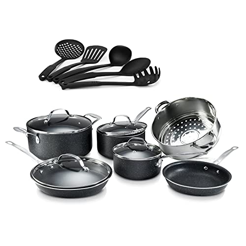 Granitestone 10-Piece Non-Stick Ultra Durable, Mineral & Granite Coated Scratch Proof Cookware Set + 5 Piece Utensil Set, Oven and Dishwasher Safe, PFOA Free Pots and Pans