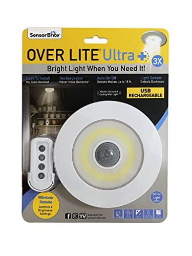 Sensor Brite Overlite Ultra+ Rechargeable: Remote Control Ceiling/Wall LED Light with Adjustable Brightness, Motion Activated, Stick Anywhere, Battery-Operated Overhead LED Light