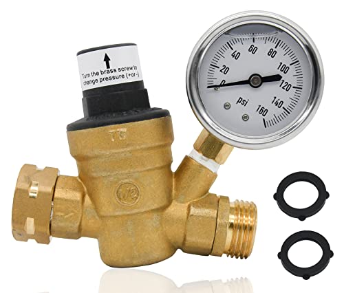 Adjustable Brass Water Pressure Regulator,with Gauge (0-160 PSI),Great for RVs and Boats and Plumbing Fixtures From High Water Pressure, Build-in Oil (NH Threads)