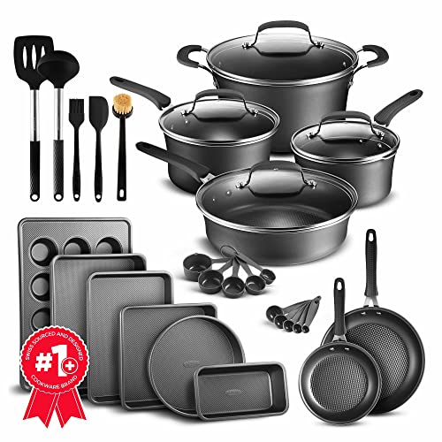 Cookware Set - 23 Piece -Black Multi-Sized Cooking Pots with Lids, Skillet Fry Pans and Bakeware - Reinforced Pressed Aluminum Metal - Suitable for Gas, Electric, Ceramic and Induction by BAKKEN Swiss