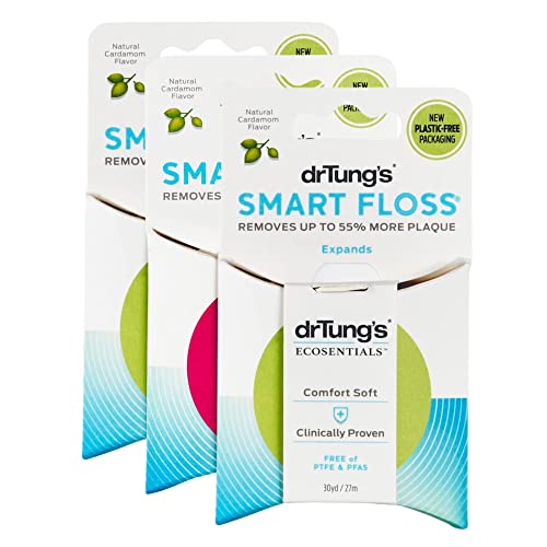 DrTung's Smart Floss - Natural Floss, PTFE & PFAS Free Floss, Gentle on Gums, Expands & Stretches, BPA Free Floss - Natural Dental Floss Cardamom Flavor (Pack of 3)