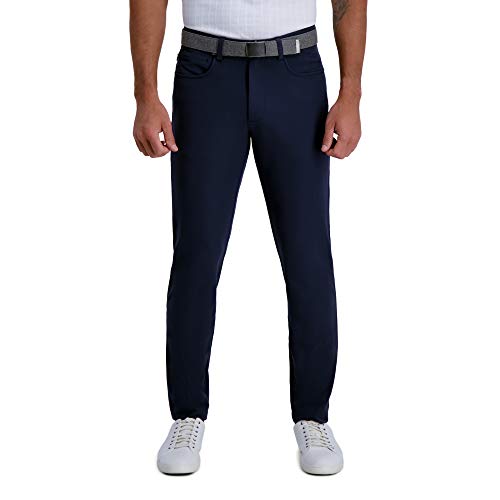 Haggar mens The Active Series Slim Fit Flat Front Casual Pants, Dark Indigo, 32W x 30L US