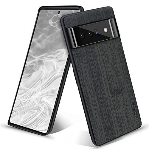 Yvpwt for Google Pixel 6 Case Slim Simulation Wood Grain Ultra Thin Wireless Charging Anti-Scratch Shockproof Drop Proof Protective Durable Matte Case for Google Pixel 6 (Black)