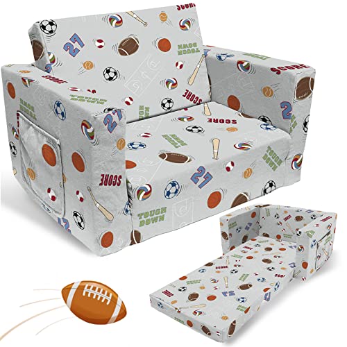fond + found Kids Sofa Couch, Toddler Boys Girls 2-in-1 Convertible Sofa to Lounger, Comfy Flip-Out Couch/Sleeper, Sports Theme Toddler Couch Chair, Football Basketball Baseball Soccer Sofa Bed