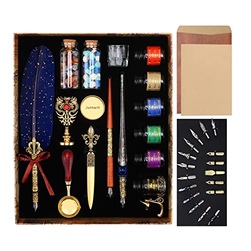 Junhartt Quill Feather Pen and Ink Set, Calligraphy Pen Glass Dip Pen and Wax Seal Stamp Kit (Navy Blue)