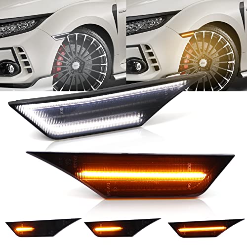 Switchback Sequential LED Side Marker Lights for 2016-2021 Honda Civic Sedan Coupe Hatchback 10th 10 Gen, Smoked Lens Front Bumper Amber Turn Signal Reflectors and White DRL