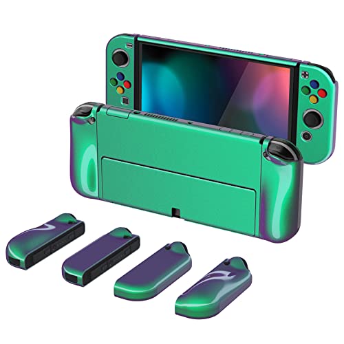 PlayVital AlterGrips Glossy Protective Slim Case for Nintendo Switch OLED, Ergonomic Grip Cover for Joycon, Dockable Hard Shell for Switch OLED w/Thumb Grip Caps & Button Caps - Chameleon Green Purple