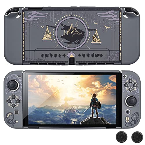 DLseego Zelda Switch OLED Protective Case Dockable Hard Shell Grey Shockproof Cover Joy Con Skin with 2PCS Thumb Grips Caps Design for Switch OLED New Model