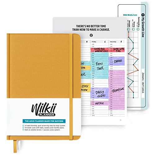 Wilkii ADHD Planner For Adults - 90 Day, A5, Undated Weekly & Daily Planner to Increase Productivity & Achieve Goals, ADHD Organization with Mindful Exercises, Soft Touch Cloth Cover, (Yellow)