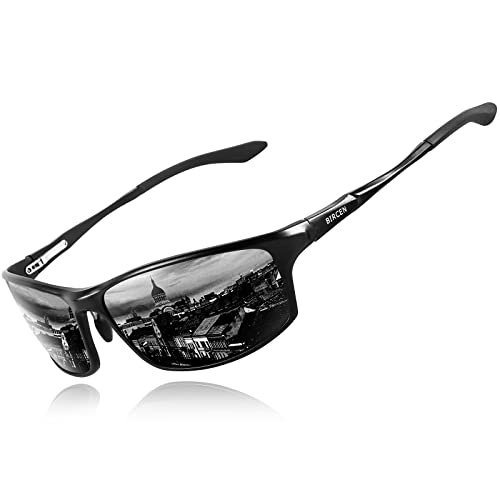 BIRCEN Polarized Mens Sunglasses: UV Protection Black Blue Shades for Men Sport Driving with Al-Mg Metal Frame
