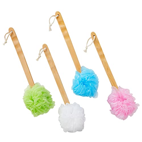 4-Pack Shower Loofah with Handle, Bath Sponge, Back Loofah for Exfoliating, Loofah on a Stick with Long Handle for Showering, Back Scrubber in 4 Assorted Colors (16 in)