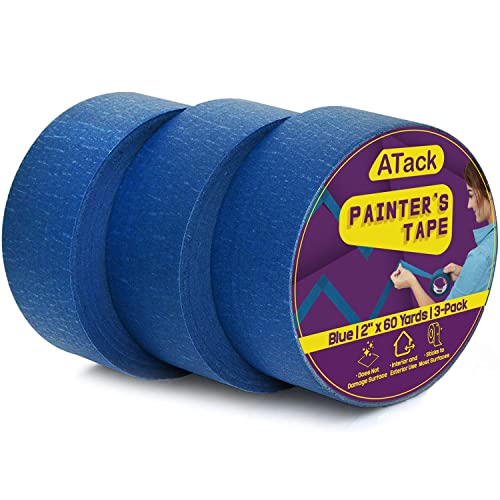 ATack Blue Painters Tape, 2 Inch x 60 Yards (3-Pack) Blue Masking Tape for Painting on Smooth and Textured Walls | Ultra Sharp Lines Thick Blue Painters Tape Clean and No Residue Release Painters Tape
