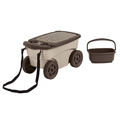 Suncast Outdoor Rolling Garden Scooter - Durable Plastic Portable Garden Seat Rolls in Grass and Dirt - Carries Garden Supplies