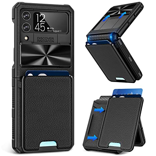 Caka for Flip 4 Case, Galaxy Flip 4 Case Wallet with Card Holder Camera Cover & Hinge Protection Magnetic Leather Cover Works with Magnetic Car Mounts Phone Case for Samsung Galaxy Z Flip 4 -Black