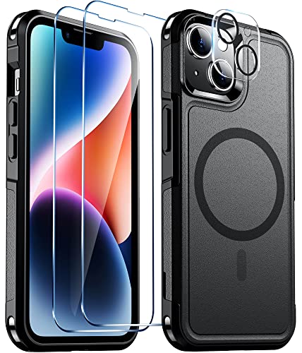 Red2Fire Magnetic for iPhone 14 Plus Phone Case [Compatible with Magsafe][Military Grade Drop Protection][Glass Screen Protector+Camera Lens Protector] Heavy Duty Shockproof Case 6.7 inch - Black