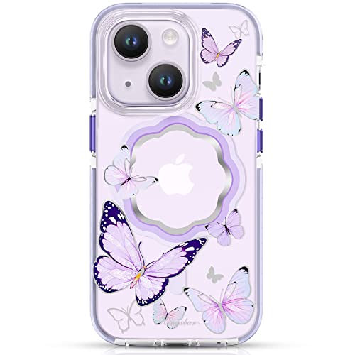 KINGXBAR Magnetic for iPhone 14 Plus Case Floral Compatible with MagSafe Glitter Flower Shockproof Clear Protective Cover Women Phone Case for Apple iPhone 14 Plus Purple Butterfly