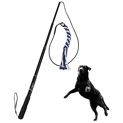 SYOOY Dog Extendable Teaser Wand Pet Teasing Flirt Pole Interactive Toy with 1 Cotton Chewing Rope for Small Medium Large Dogs Training Exercising Pulling Exercise Equipment