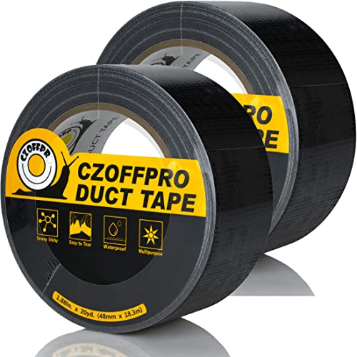 CZoffpro Duct Tape Heavy Duty - Ultra Strong Black Duct Tape with Waterproof Backing, Easy to Tear by Hand, 1.88 in x 20 Yard x 2 Rolls, Black