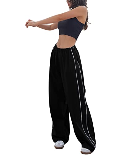 Athlisan Womens Parachute Pants Baggy Wide Leg Y2K Track Pants for Women(Black-XS)