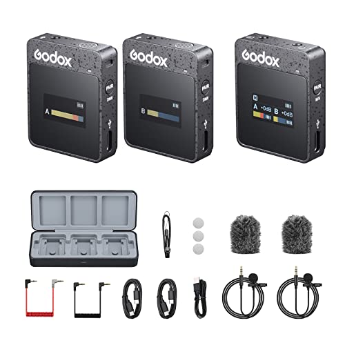 GODOX MoveLink II M2 Wireless Microphone System(2 TX + 1 RX + Charging Case), 2.4G Wireless Noise Cancelling Lavalier Mic, 100m(328ft.) Range for Cameras, PC, TikTok, Interview Recording