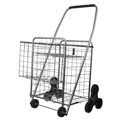 Helping Hand FQ39909 3-Wheel Stair Climbing Shopping Cart - Multipurpose Double Basket Grocery Trolley - Heavy-Duty Rolling Climber Wheels, Collapsible Shelf and Handle - Portable Storage Equipment