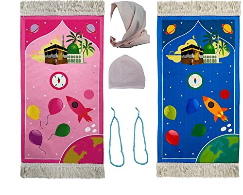 Kids Prayer Mat - Eid Gifts for Kids- Salah Mat for Kids Enjoyable Prayer Rug for Kids (Prayer Tree Blue Pink Gift)