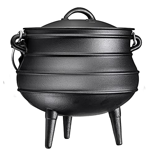 Bruntmor Pre-Seasoned Cauldron Cast Iron | 10 Quarts - African Potjie Pot with Lid | 3 Legs for Even Heat Distribution - Premium Camping Cookware for Campfire, Coals and Fireplace Cooking (Large)